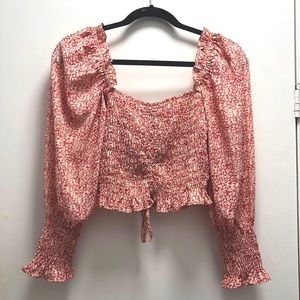 Ruby and Jenna Ruffled Red&Cream Blouse with Long Puffy Sleeves